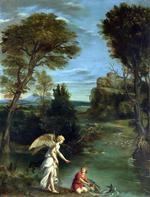 欧洲12-19世纪油画五_Domenichino - Landscape with Tobias laying hold of the Fish